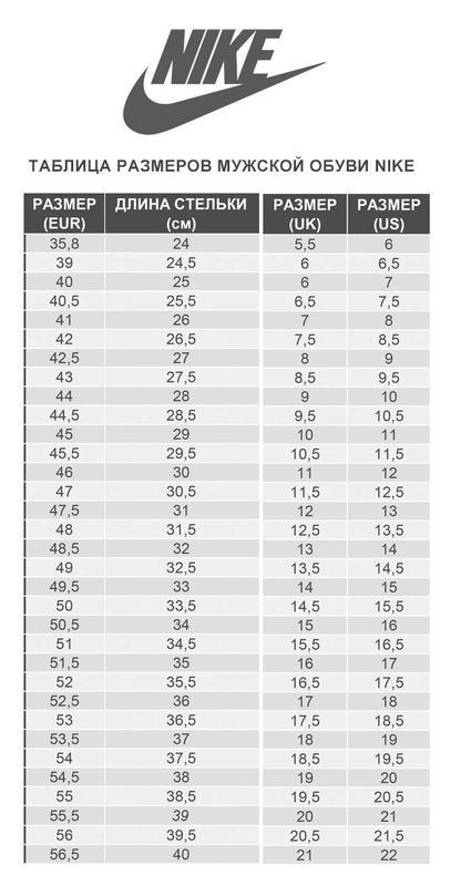 Размерная сетка nike мужская