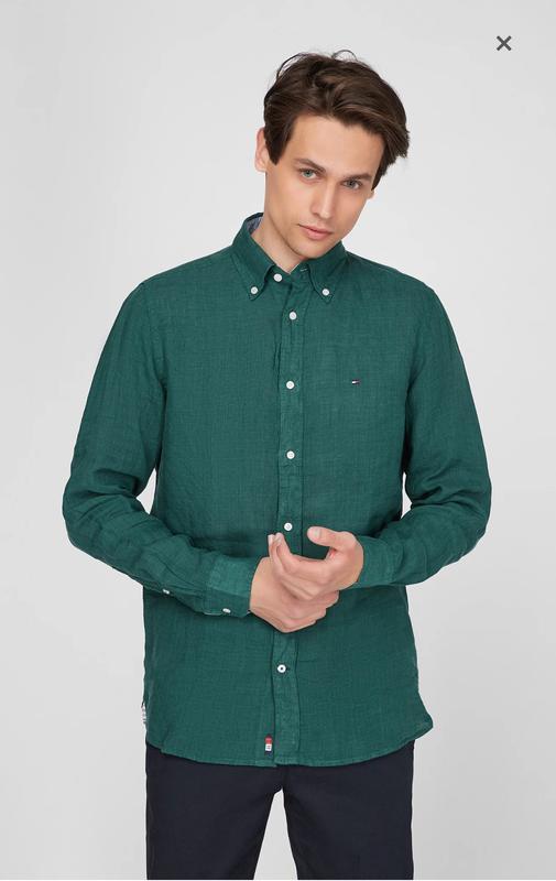 Tommy hilfiger мужская зеленая льняная рубашка pigment dyed