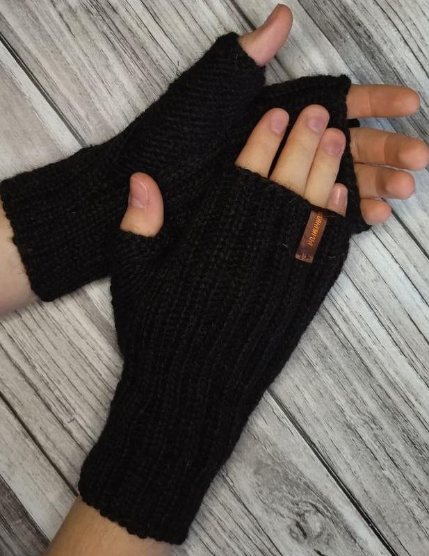 Вовняні чоловічі мітенки - в'язані рукавички без пальців (чорн...