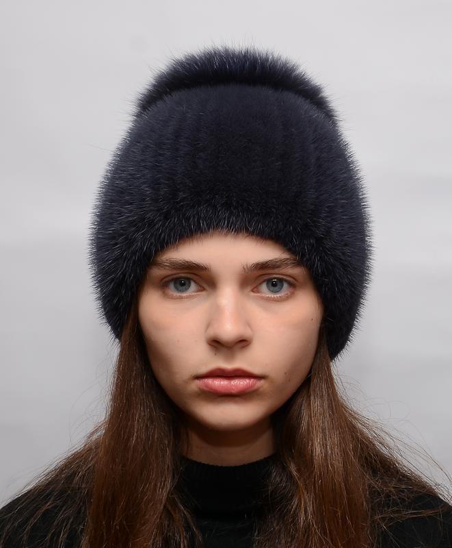 Женская зимняя вязаная норковая шапка бубон-разрез синий ирис