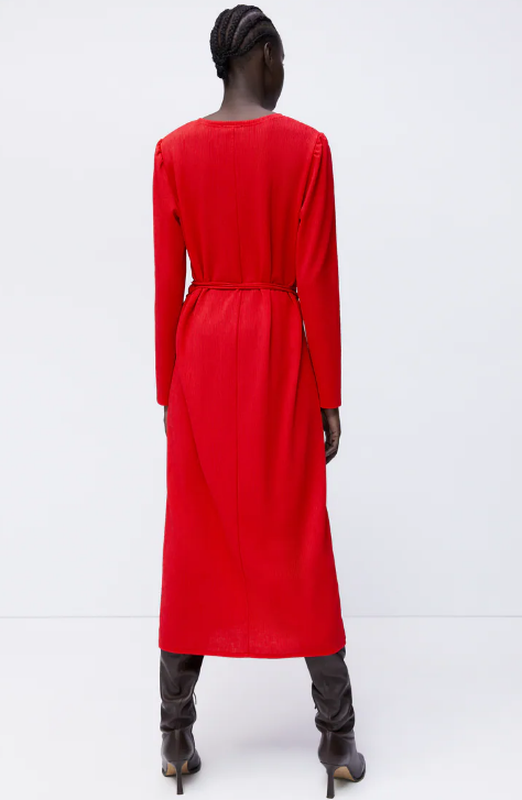 Новое красное платье с поясом и длинными рукавами zara