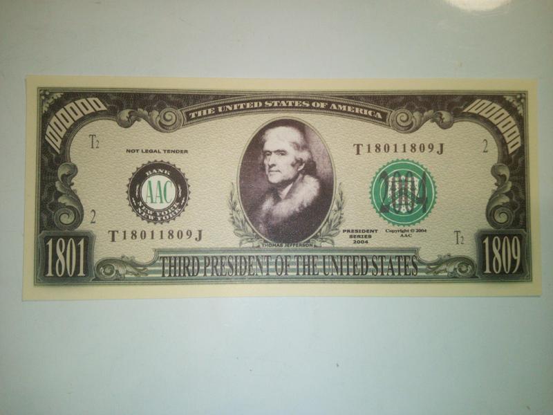 Сувенірна меморіальна банкнота 1000000 доларов Томас Джефферсон