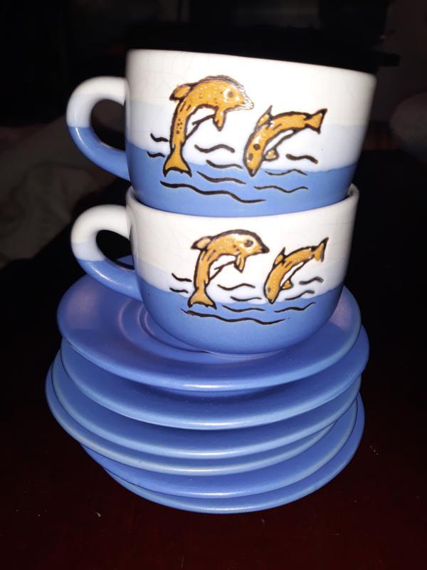 Кофейный набор голубые блюдца тарелочки чашки синии блюдечка
