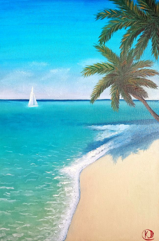 Картина пейзаж маслом, остров, пальмы, океан, авторская работа
