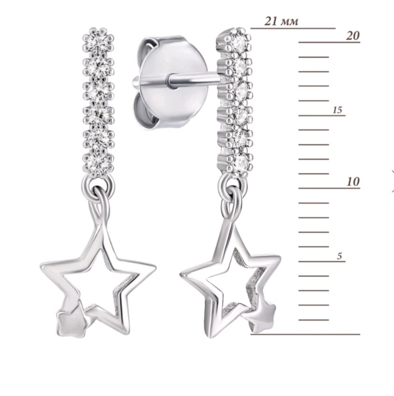 Серебряные серьги-подвески Звездочки с фианитами,срібні сережки