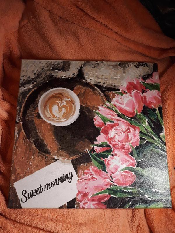 Картина цветы тюльпаны розовые и чашка кофе лате акрил на холсте