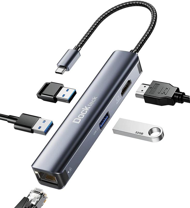 USB C Hub Ethernet, Dockteck 5-в-1 USB C Многопортовый адаптер