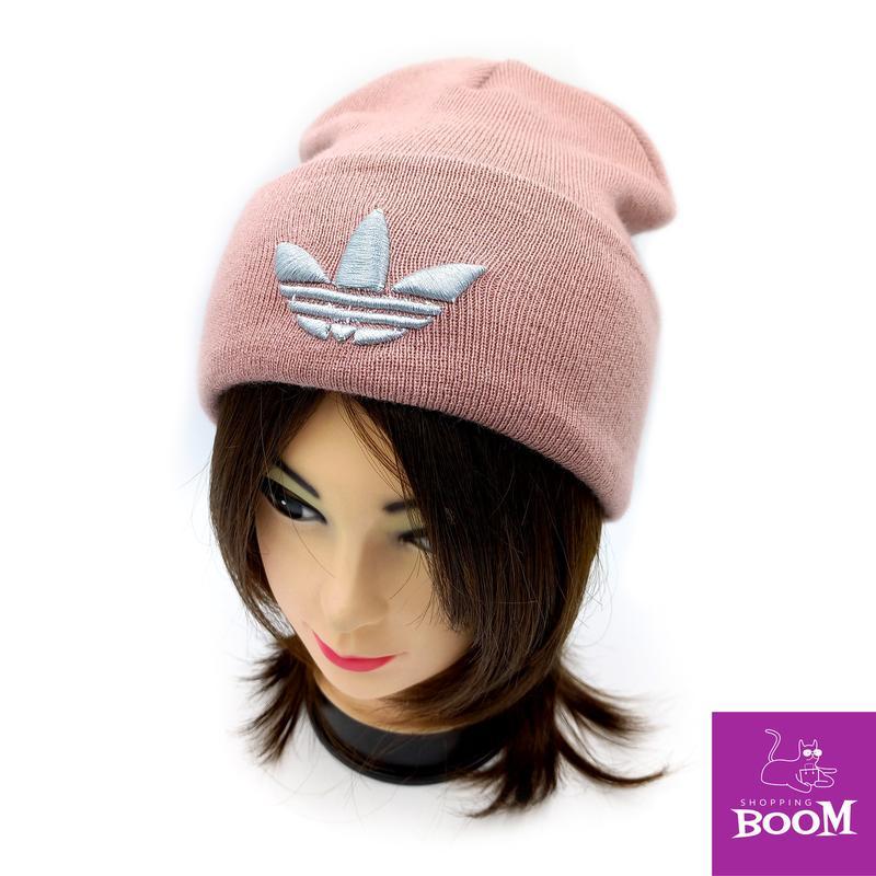 Женская шапка розовая с логотипом адидас на зиму/осень, теплая...