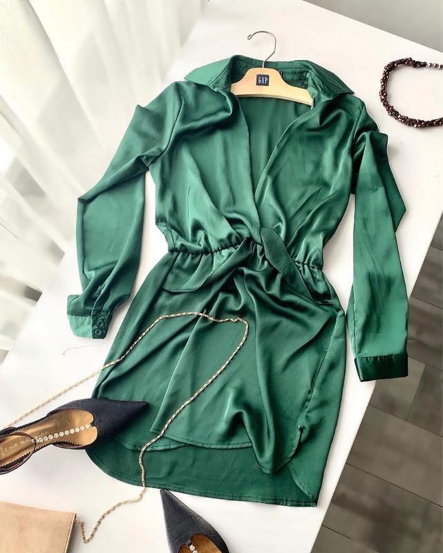 Изысканное изумрудное зеленое сатиновое мини платье рубашка pl...