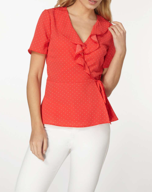 Красная блузка/топ в горошек на запах.