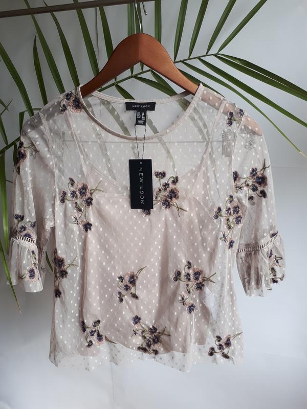 Блуза с вышевкой цветов, бежевая, прозрачная new look