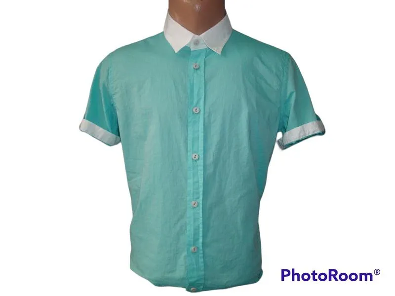 Распродажа мужская рубашка приталенная зеленая с белым воротни...