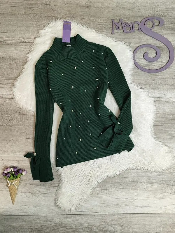 Женский свитер olko зелёный с бусинами размер 44-46 s-м