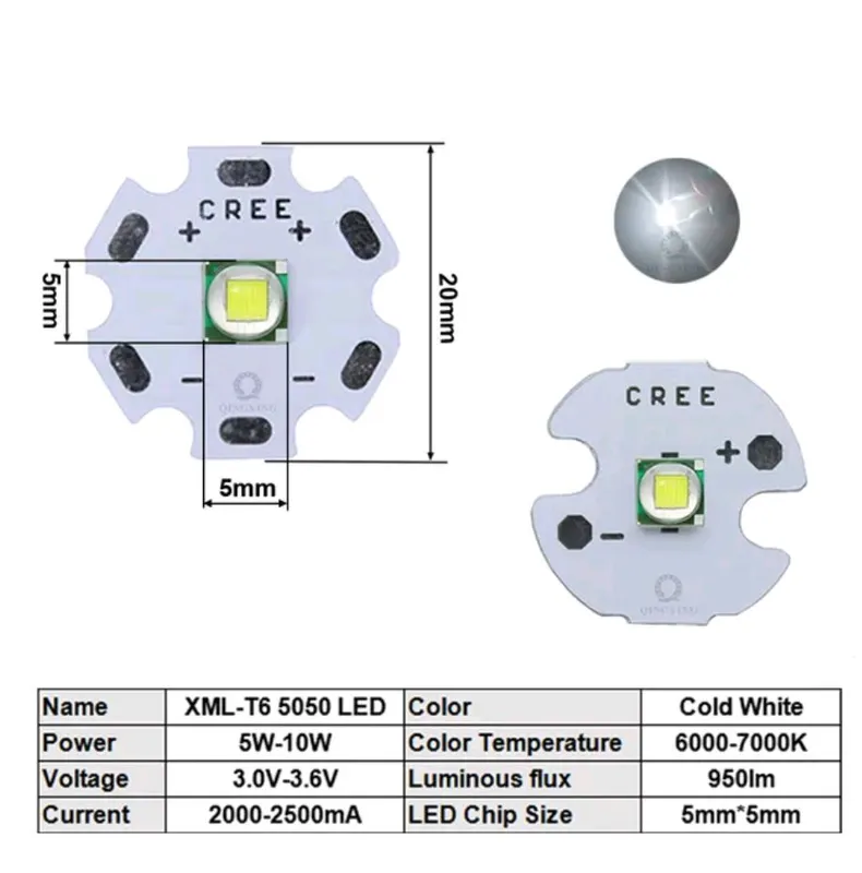 Светодиоды CREE XML-T6 мощность 8 Вт, 6500К- белый для фонарей