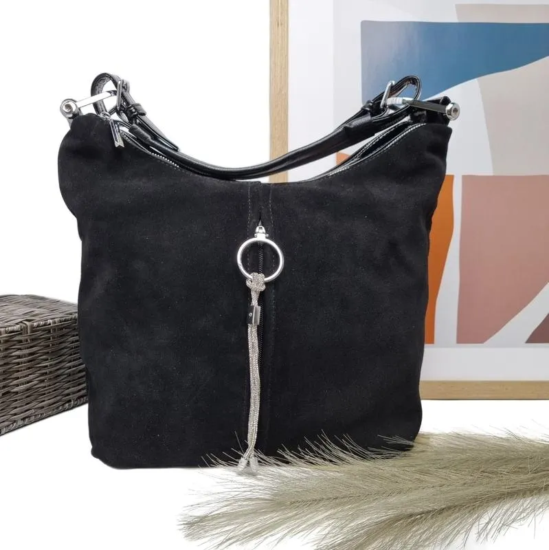 Модная женская сумка мешок натуральная замша черный арт.68918-...