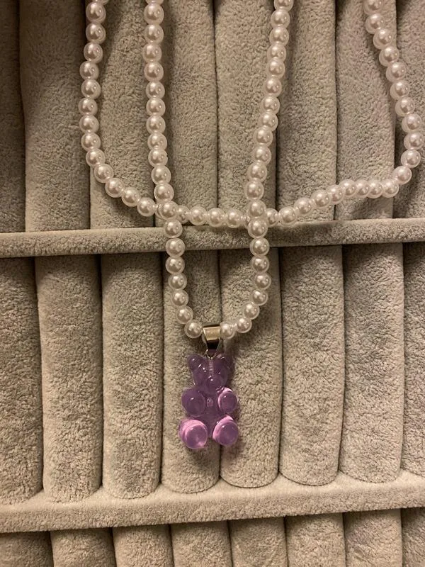 Ожерелье из жемчужин бисер с подвеской «желейный мишка» фиолет...