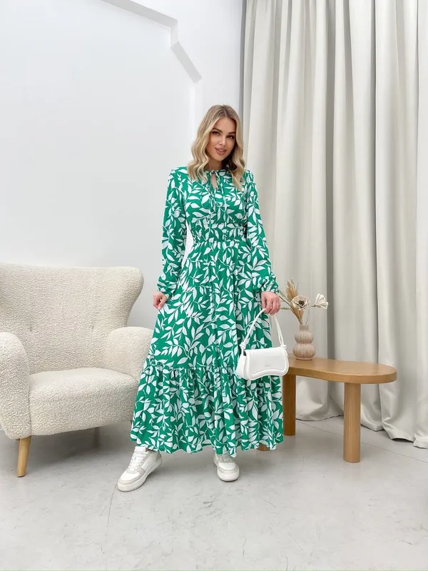 Женственное красивое платье пояс+рукава на резинке зеленый