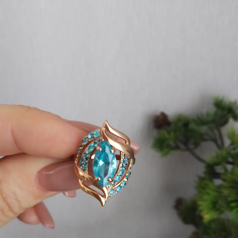 Кольцо серебро 925 пробы, позолоченное кольцо с голубым камнем